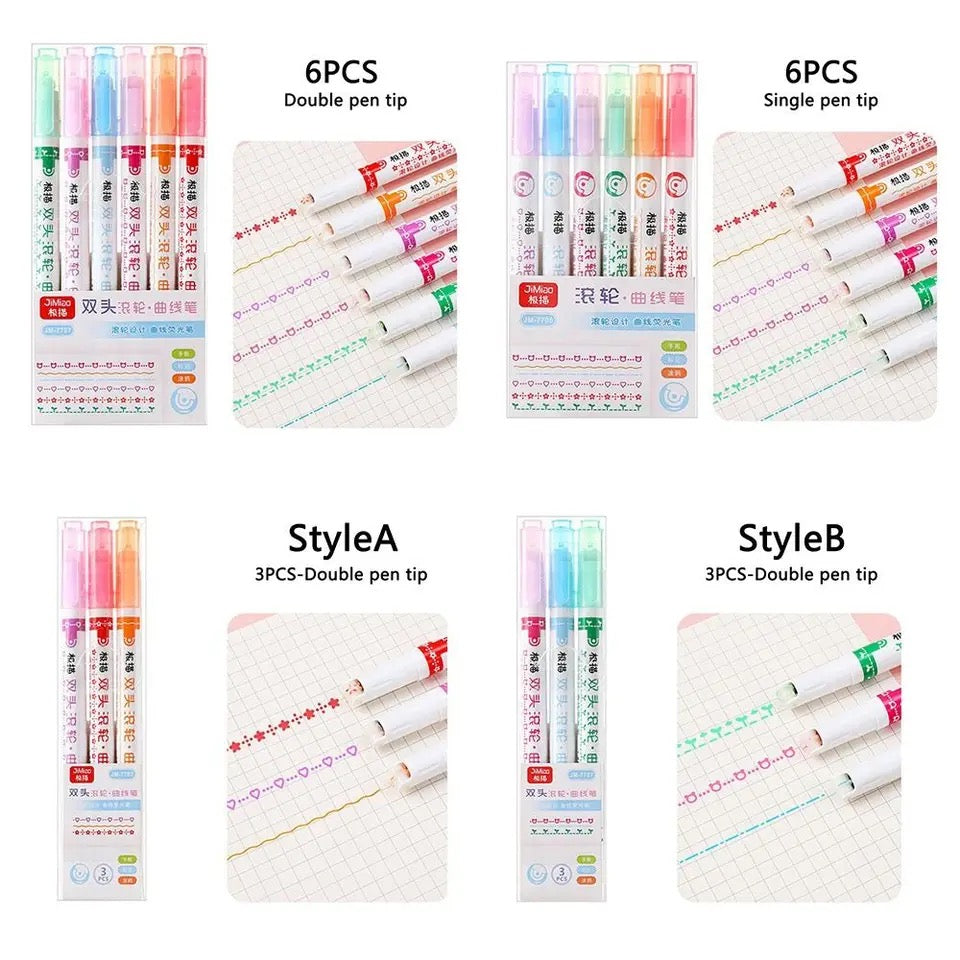 Double Pen Tip Curve Line Highlighter Pen Creative Flower-shaped Curve Line Marker Student School Supplies Stationery 1/3/6PCS