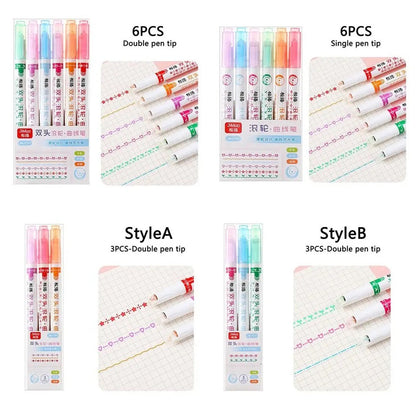 Double Pen Tip Curve Line Highlighter Pen Creative Flower-shaped Curve Line Marker Student School Supplies Stationery 1/3/6PCS