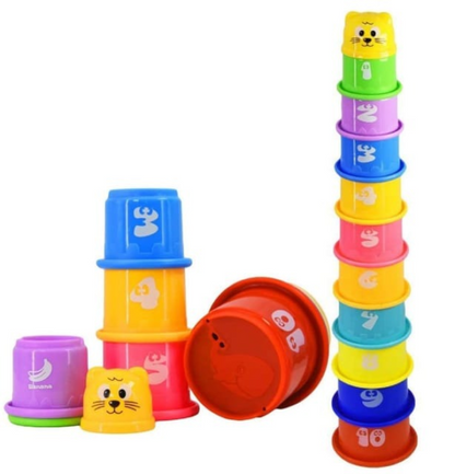 Colorful Stacking Cups with Numbers and Fruit Names