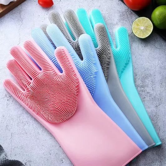 Magic Dish washing Gloves with scrubber, Silicone Cleaning Reusable Scrub Gloves